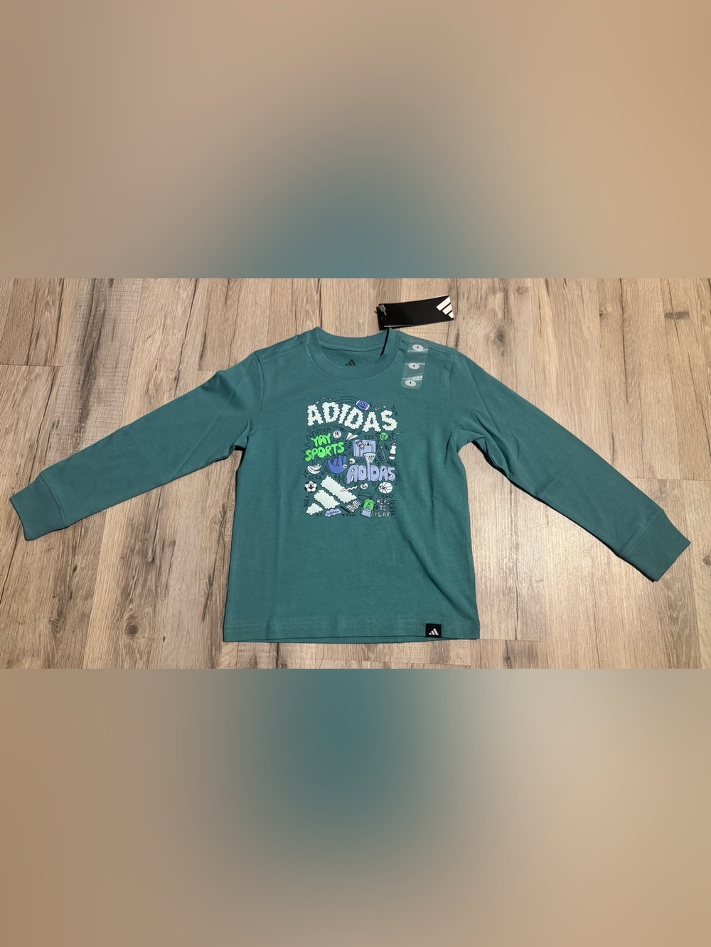 NWT Adidas Boys Size 4 Green Graphic Logo Long Sleeve Crewneck Cotton Tee